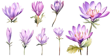 Bundle of Watercolor Illustrations Set of colchicum Flowers with Expressions of Leaves and Branches