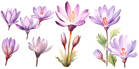 Watercolor Illustration Set of colchicum Flowers, Bouquets and Wildflowers
