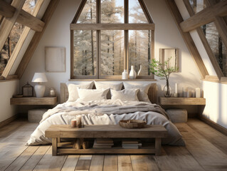 Farmhouse Style Bedroom Interior Background, Mockups Design 3D, High-quality Mockups, Generative Ai