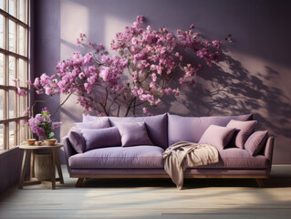 Home mockup with purple sofa and flowers fresh spring, Mockups Design 3D, High-quality Mockups, Generative Ai
