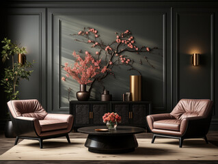 Luxury Minimalist Dark Living Room Interior, Mockups Design 3D, High-quality Mockups, Generative Ai