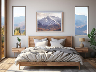 Mock-up poster frame in bedroom Scandinavian style, Mockups Design 3D, High-quality Mockups, Generative Ai