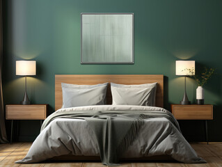 Mock-up poster in modern dark green bedroom interior, Mockups Design 3D, High-quality Mockups, Generative Ai