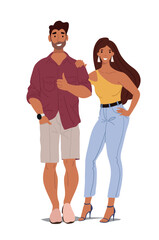 Modern happy couple on vacation, dating and romantic date, man shows like gesture, young modern students. Flat vector characters isolated on white background.