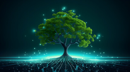 growing internet startup , with green tree growing from network of data and information
