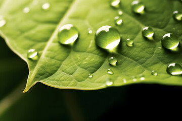 Morning Dew drops of rain water on Green Leaf Macro, Natural Background, AI Generated