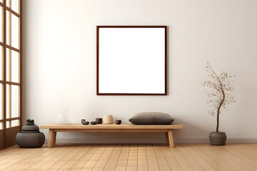 Obraz na płótnie Canvas minimalist modern home wall interior with frame. canvas mockup against the wall. white vase with flowers on the wall. Illustration. AI Generative