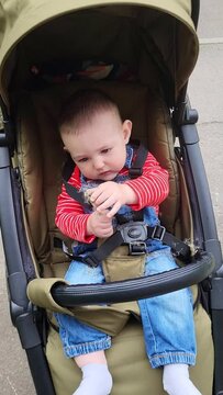 A little baby is sitting in a baby carriage and looking at a dandelion flower. Kid aged about one year (eleven months)