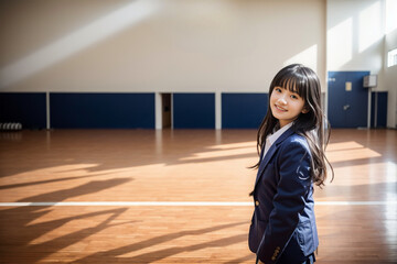 Japanese high school girls smiling in an empty gym AI generated - obrazy, fototapety, plakaty