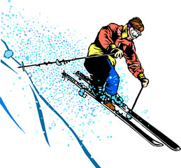 downhill snow skier jumping in deep powder - obrazy, fototapety, plakaty