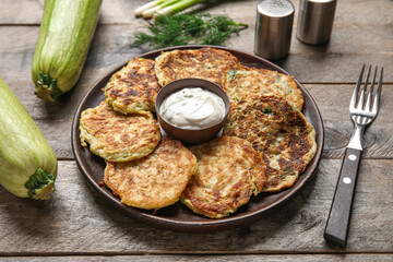 Plate of tasty zucchini fritters with sour cream on wooden background