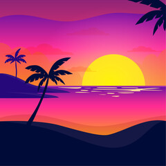 Flat summer illustration with beach view, 