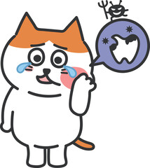 Orange tabby cartoon cat has a toothache with a speech bubble, vector illustration.
