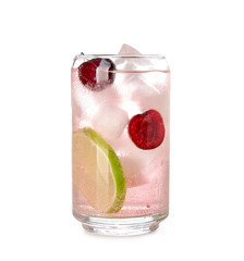 Glass of tasty cherry lemonade with lime on white background