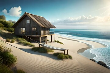"Illustrate a cozy beach house nestled amidst palm trees, highlighting the dance of shadows and sunlight on its weathered facade."
