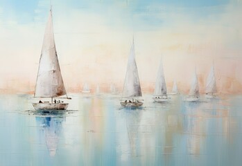 Painting background sailing boats on quiet sea with soft colors
