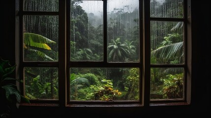 Rainy windows in the jungle. Generative AI