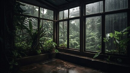 Rainy windows in the jungle. Generative AI