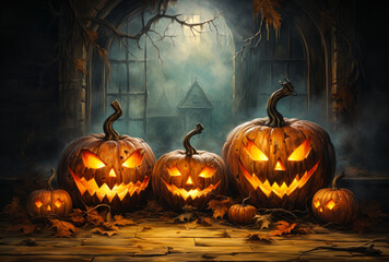 Festive Glow: Three Pumpkins with Lights on a Halloween Background