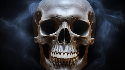Fototapeta premium Death's Presence: Spooky Human Skull on Sinister Background