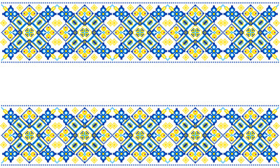 Embroidered Ukrainian ornament in national colors on a white background. Ukrainian flag. Ukrainian embroidery. Geometric patterns on a white background.  handmade cross-stitch, Vyshyvanka