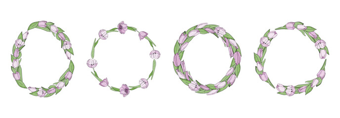 Hand drawn vector set of floral frame with pink flowers tulips. Elegant logo template.