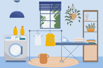 Modern laundry room interior. Flat design style vector illustration.