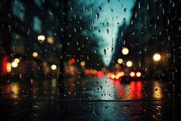 City ​​night rainy window background, AI generated