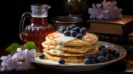 Photographie d'une assiette de pancakes aux myrtilles, avec un zoom sur le sirop, la crème fouettée et les myrtilles fraîches. IA générative, Générative, IA