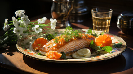 Photographie d'une assiette de saumon grill. Recette de cuisine authentique. IA générative, Générative, IA