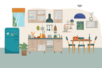 Vector flat interior of kitchen. Furnitures such as stove, table, cupboard, dishes and fridge in modern style.