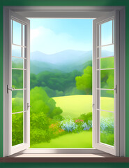 Open window with beautiful green hills landscape. Landscape sunny meadow, green field, agricultural pastures. Good ecology. Rustic expanses.