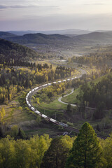 Fototapeta na wymiar Freight train rides among beautiful green forest hills and mountains, vertical photo. railway transportation