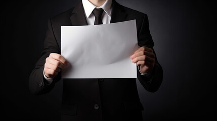 Businessman holding a blank sheet of paper on a black background. Generative AI