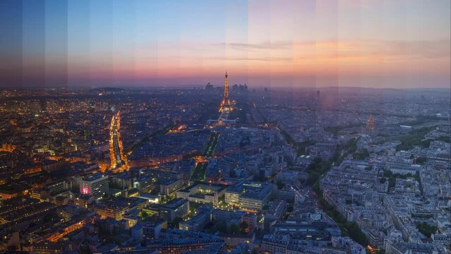 パリの街並みとエッフェル塔の夕日から夜景までのタイムラプス（タイムスライス）