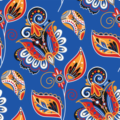 Fototapeta premium Folkloric Seamless Pattern with Paisley Flower, Nature Inspired Design Element. Ornate Abstract Pattern. Endless Texture for Fabric, Wallpaper etc. Vector Illustration