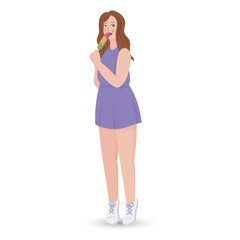 A girl in sneakers with long hair and curvaceous in a lilac dress eats colorful ice cream frozen ice