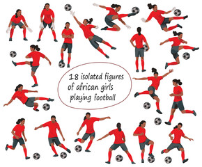 Set of isolated figures of african women's football team girl players in various poses in red sports equipment