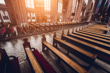Rows of church benches at the old european catholic church.