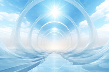 Abstract futuristic background, fractal horizon in serene sky blue tones