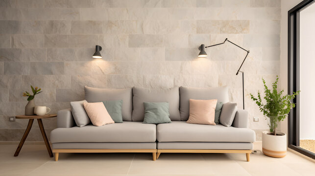 Light grey living room sofa decorated with pillows, a lamp, a bag and a plant in front of a natural stone wall