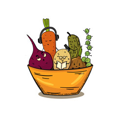 
cartoon vegetables in a bowl illustration