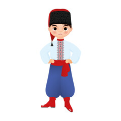 Ukrainian Cossack boy in an embroidered shirt, blue trousers, a hat and red boots