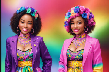 Fashion portrait of a beautiful african american girls on bright background. Generative AI.