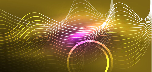 Obraz premium Neon lines and waves abstract background. Techno glowing neon shapes vector illustration for wallpaper, banner, background, landing page, wall art, invitation, prints, posters