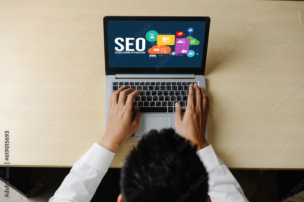 Poster seo search engine optimization for modish e-commerce and online retail business showing on computer 
