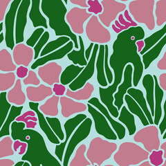 Seamless pattern with parrots sitting on branches with flowers. In flat retro style.