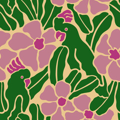 Seamless pattern with parrots sitting on branches with flowers. In flat retro style. - 619015873