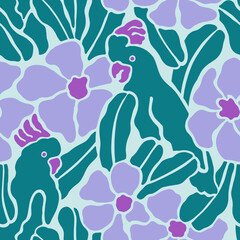 Seamless pattern with parrots sitting on branches with flowers. In flat retro style.