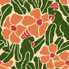 Seamless pattern with parrots sitting on branches with flowers. In flat retro style.